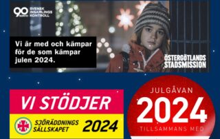 Visar julmärken från Östergötlands Stadsmission, Sjöräddningssällskapet och Läkare utan gränser.