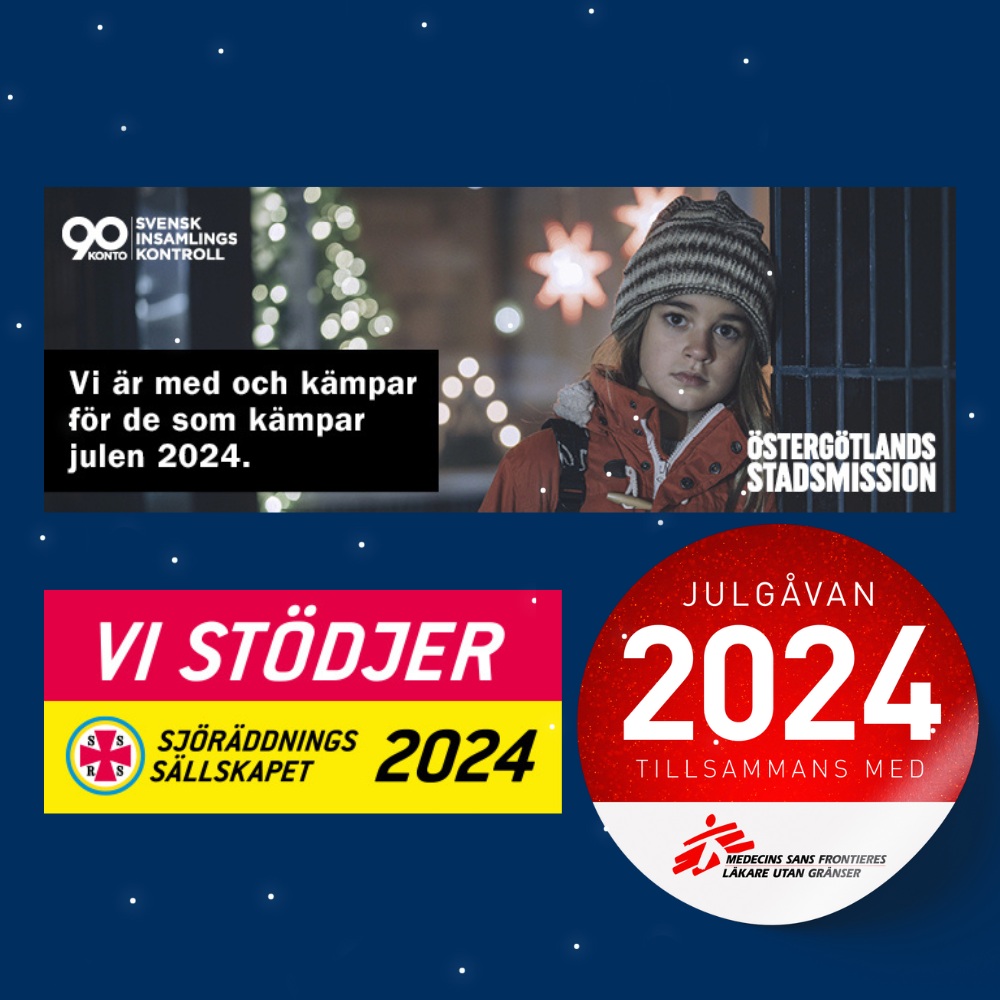 Visar julmärken från Östergötlands Stadsmission, Sjöräddningssällskapet och Läkare utan gränser.